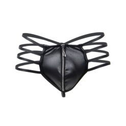 black mens leather look zip gstring