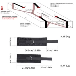 Exploded schematic of a bed strap with parts 1–6 and length measurements; below are two black fabric straps with buckles showing width, length, and net weights (24g, 22g).