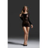 stocking-dress-65140 - Las Lingerie Model wearing a black lace long-sleeve mini dress and black heels, posing against a dark studio backdrop.